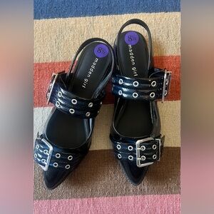 Madden Girl Black Patent Pointed Buckle Slingback Mules